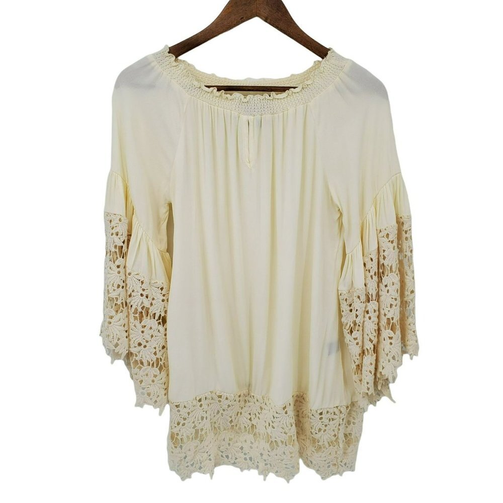 Colleen Lopez Womens Ivory Floral Embroidered Bell Sleeve Tunic Top Sz‎ S Boho